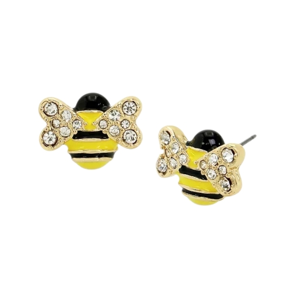 Betsey Johnson Bee Crystal Stud Earrings Yellow Black Gold Tone NWT - Picture 2 of 6